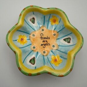NATURAL LIFE Ceramic Trinket Dish Friends Are Angels Yellow Blue Florals Hearts